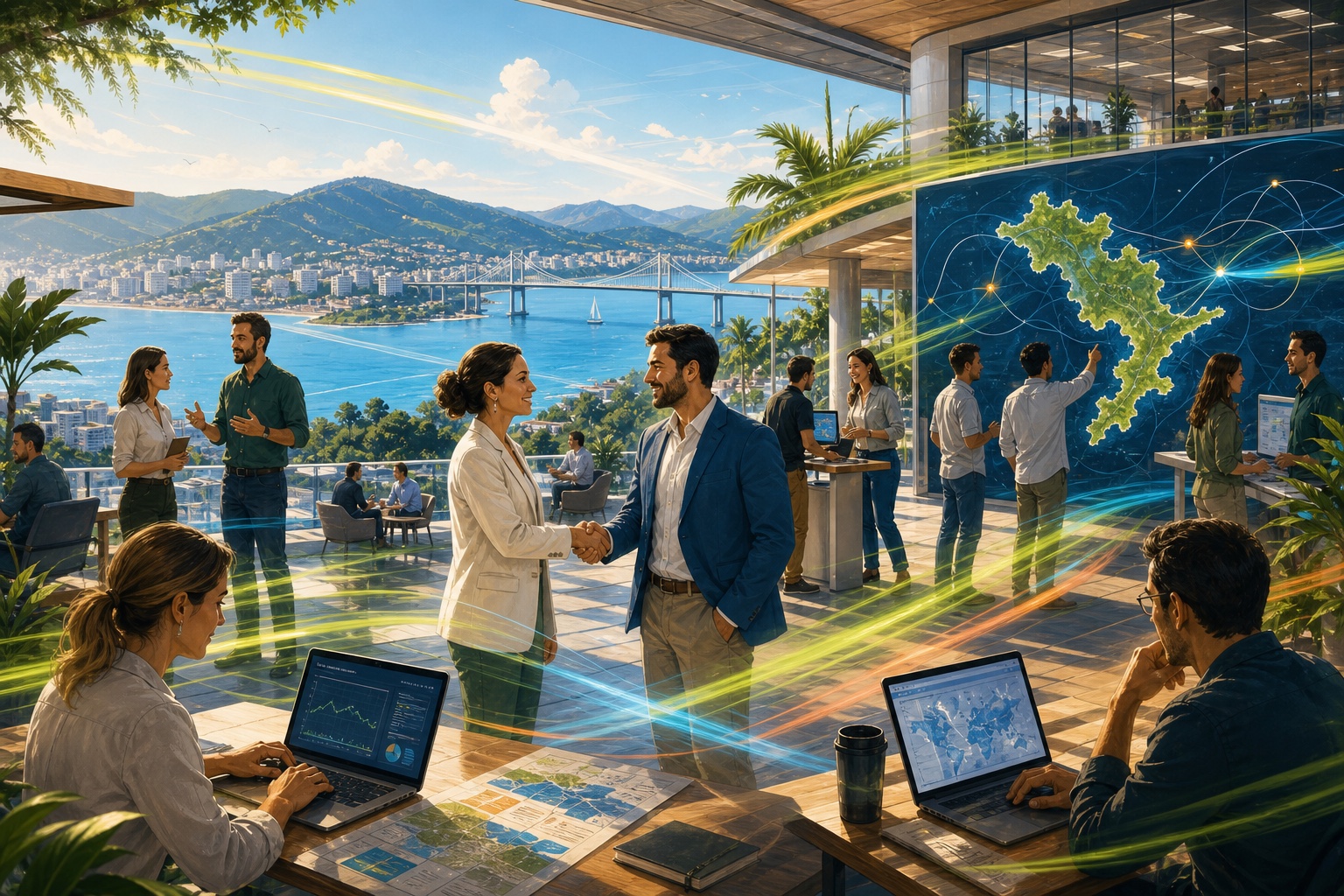Semi-realistic illustration of a Floripa technology activation with founders and institutional partners